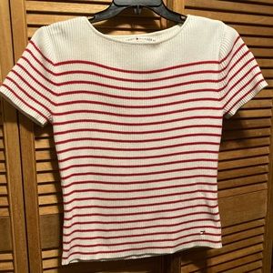 Tommy Hilfiger White & Red Striped Ribbed Knit Top